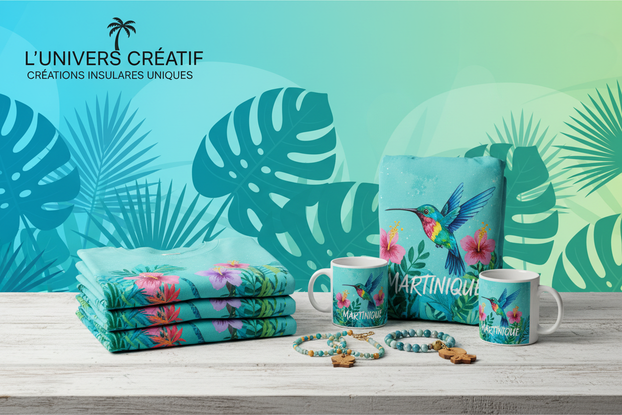 Bannière boutique 'L'Univers Créatif' : produits martiniquais créatifs (t-shirts, mugs, accessoires) sur fond tropical moderne bleu-vert. Style professionnel e-commerce, couleurs caribéennes vibrantes, éclairage lumineux."